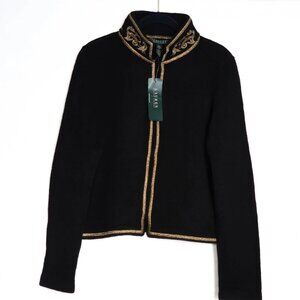 Women’s wool military-style band jacket in black with gold embroidery, size L